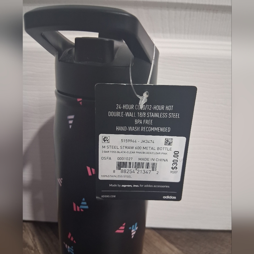 adidas Black Water Bottle with Pink and Blue Accents (New) - Picture 2 of 5